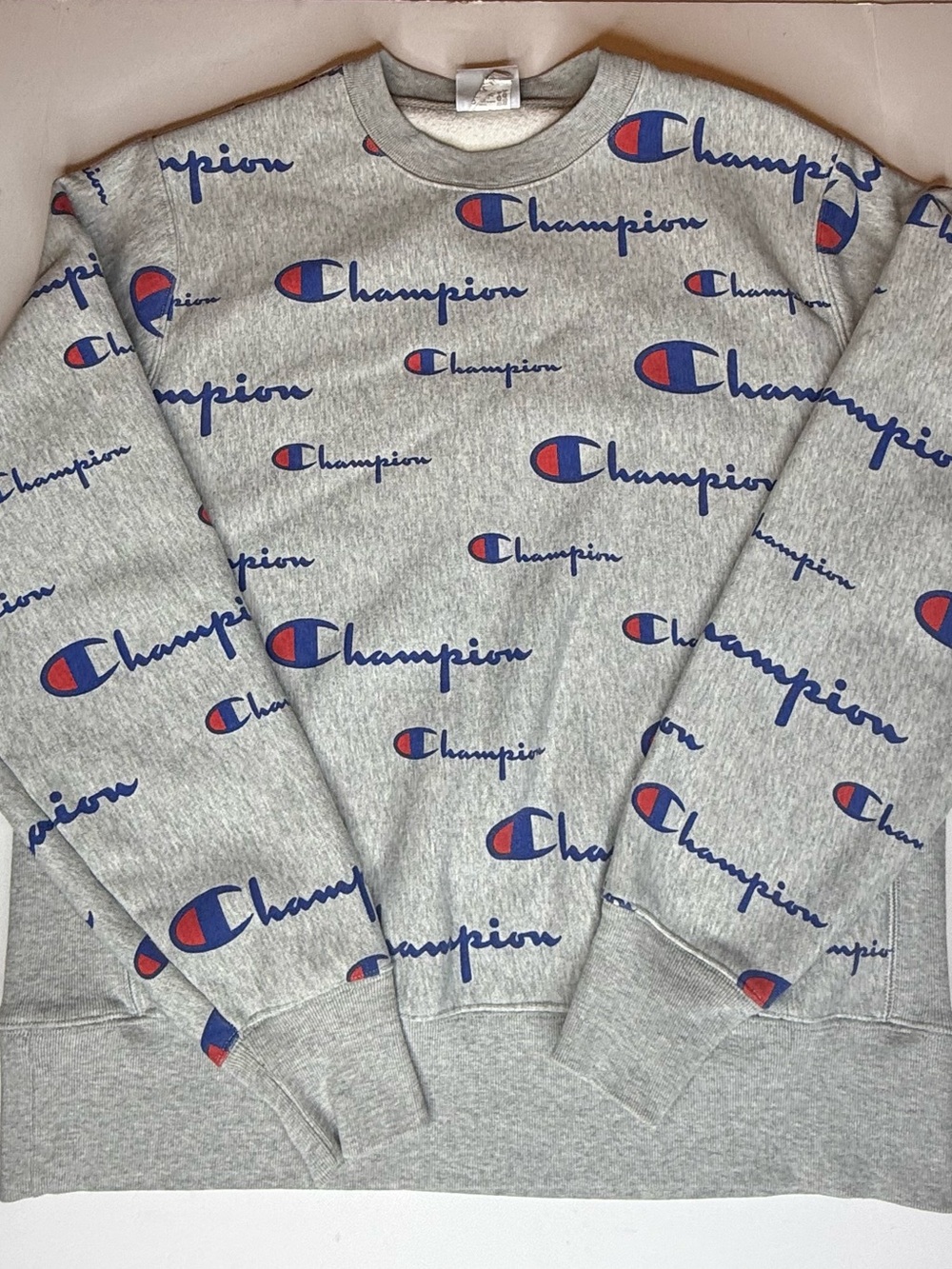 Champion Men's Reverse Weave All Over Print Sweatshirt XL Gray Blue Script